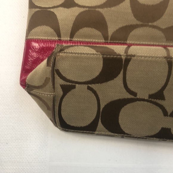 Coach Khaki Signature Stripe Patent Shoulder Tote Red Bag Handbag 12429 - Picture 7 of 16